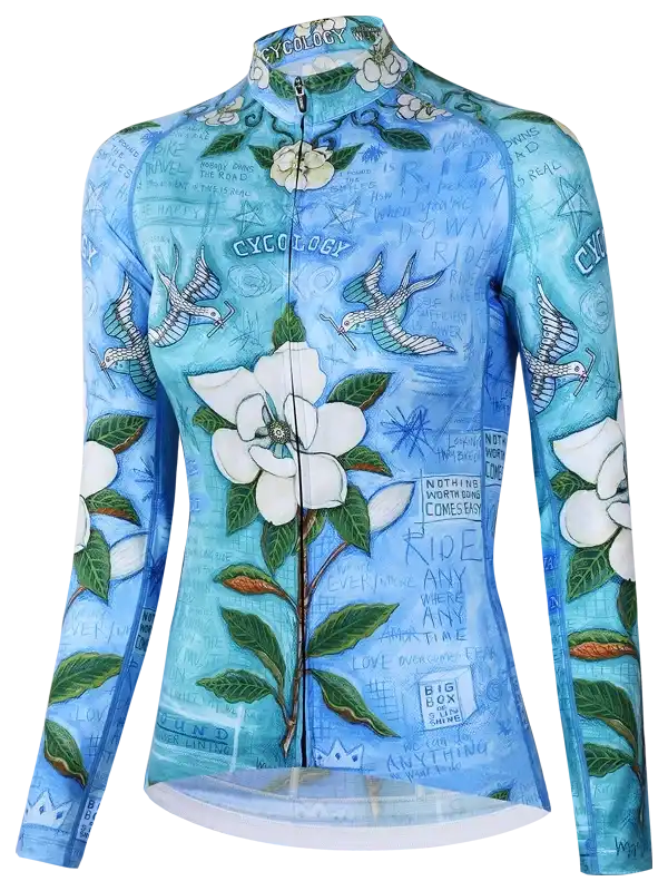 Women's long sleeve cycling jersey with floral and bird print, blue background, full zip front