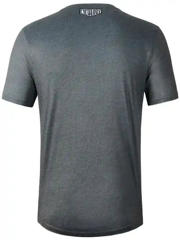 Men's gray cycling t-shirt with ribbed texture and small logo at neckline, ideal for bike rides