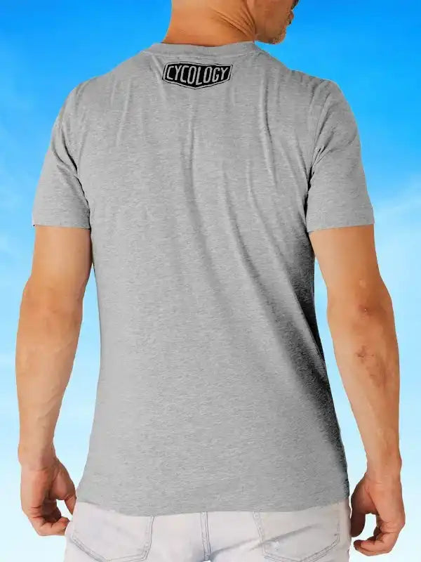 Gray men's cycling t-shirt with 'Cycology' logo on back, ideal for active wear and outdoor adventures.
