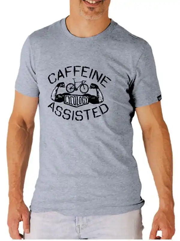 Men's gray cycling t-shirt with 'Caffeine Assisted' graphic, featuring bike and muscle arms design