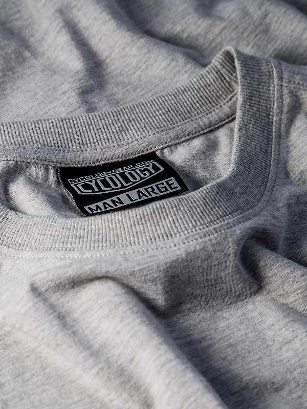 Gray cycling t-shirt with Cycology brand tag, men's large size, soft fabric detail