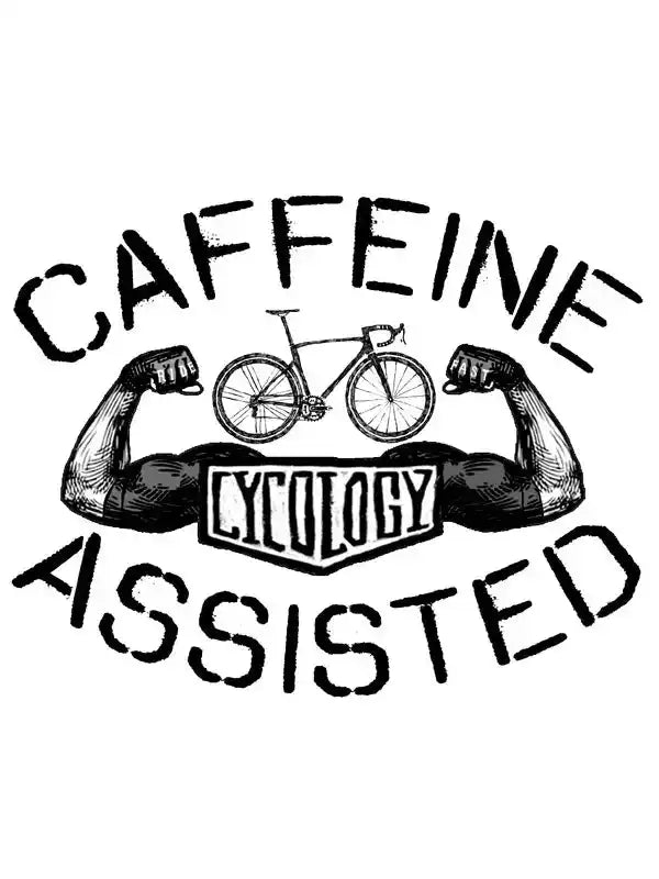 Caffeine Assisted cycling graphic with muscular arms and bike, Cycology design