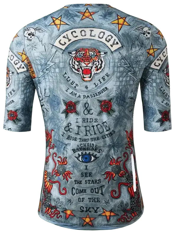 Men's cycling jersey with tiger, roses, stars, and bold graphics for road biking adventures