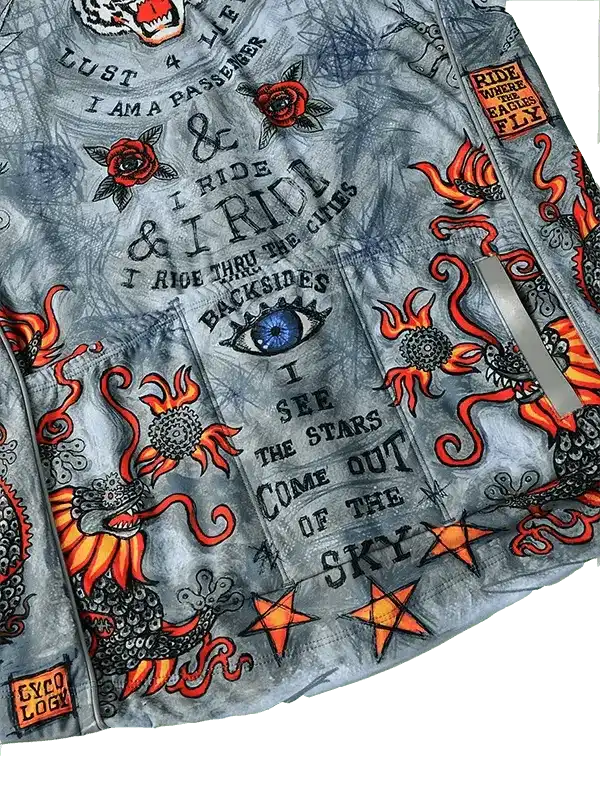 Men's cycling jacket with bold dragon, rose, and star graphics, featuring edgy typography and flame details.