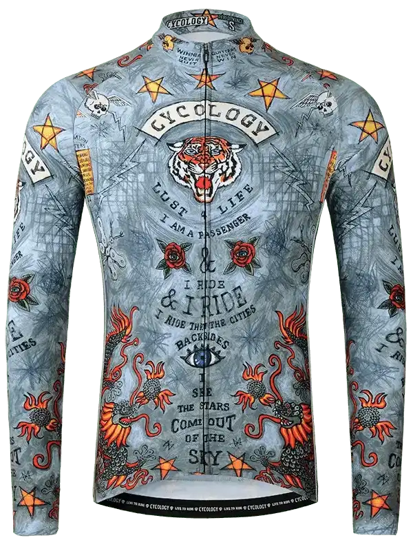 Men's long sleeve cycling jersey with tiger, roses, stars, and bold graphics for road biking