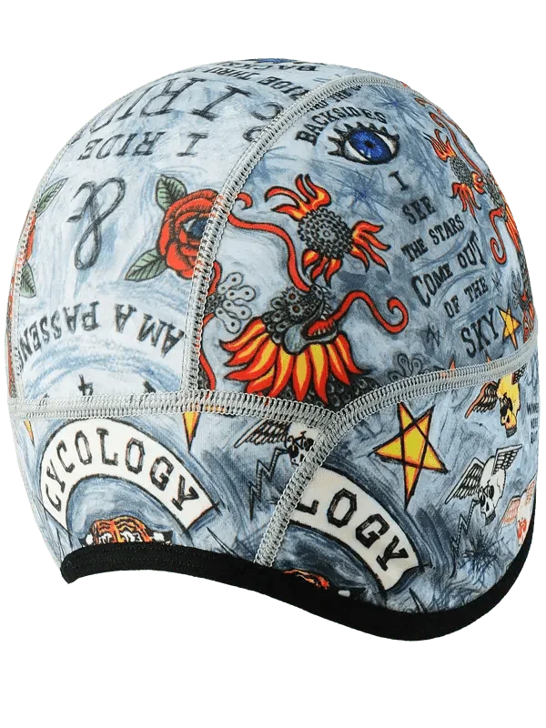Tattoo-style cycling cap with bold graphics, roses, and text for men's and women's bike rides