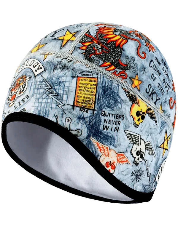Cycling skull and dragon print beanie with motivational quotes, ideal for men and women riders