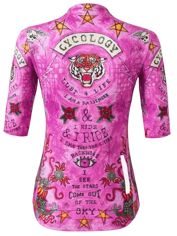 Pink cycling jersey with tiger, stars, and roses design for women's bike wear
