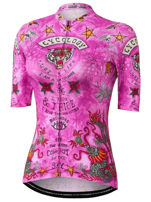 Pink women's cycling jersey with tiger, dragon, and star print, featuring 'Cycology' branding and motivational phrases.