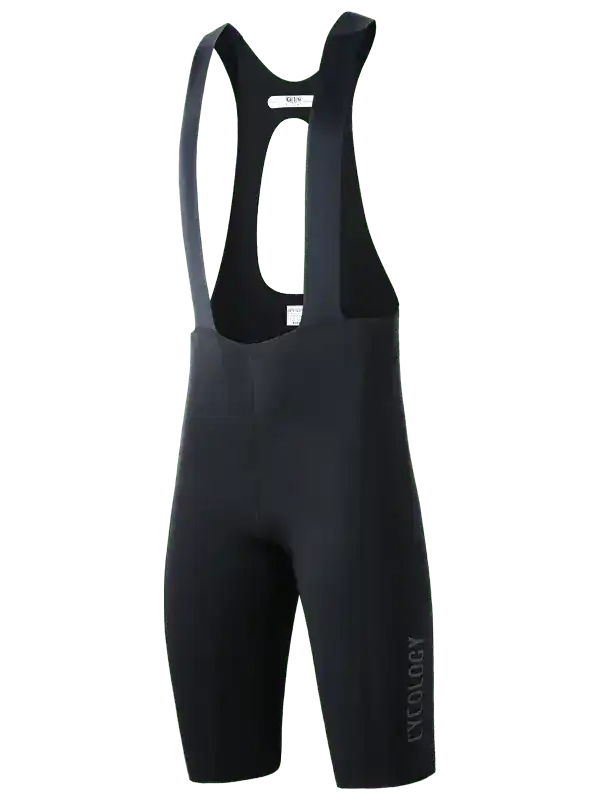 Black men's cycling bib shorts with ergonomic straps and branded leg, designed for comfort and performance.