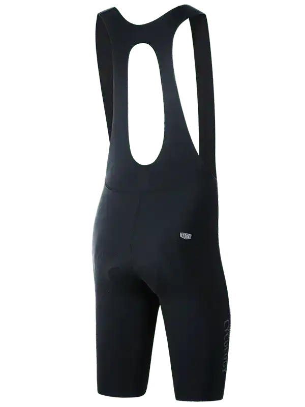 Black men's cycling bib shorts with ergonomic design and padded seat for comfort during rides