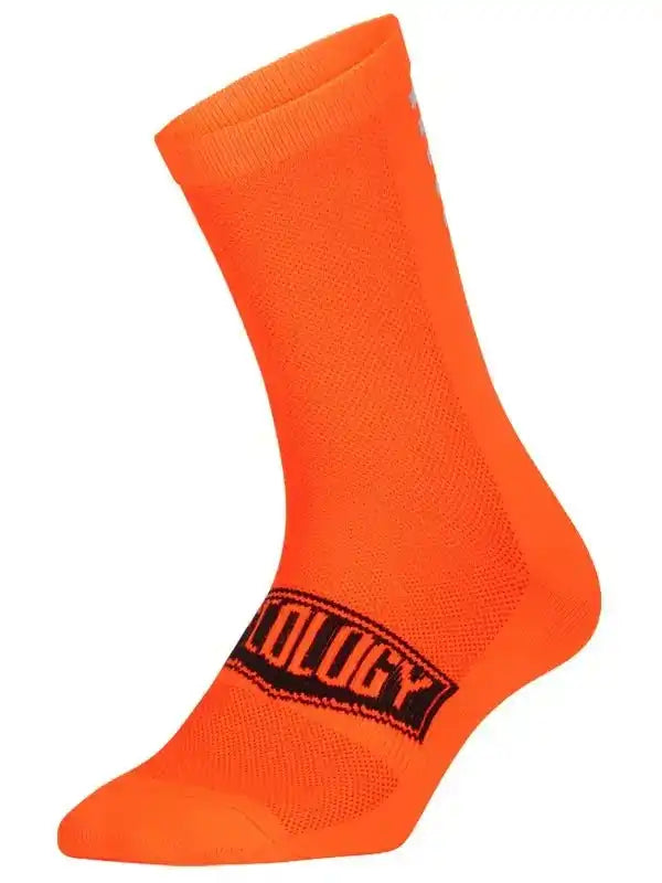 Bright orange cycling sock with black 'OLOGY' logo, breathable mesh fabric for men's and women's bike rides