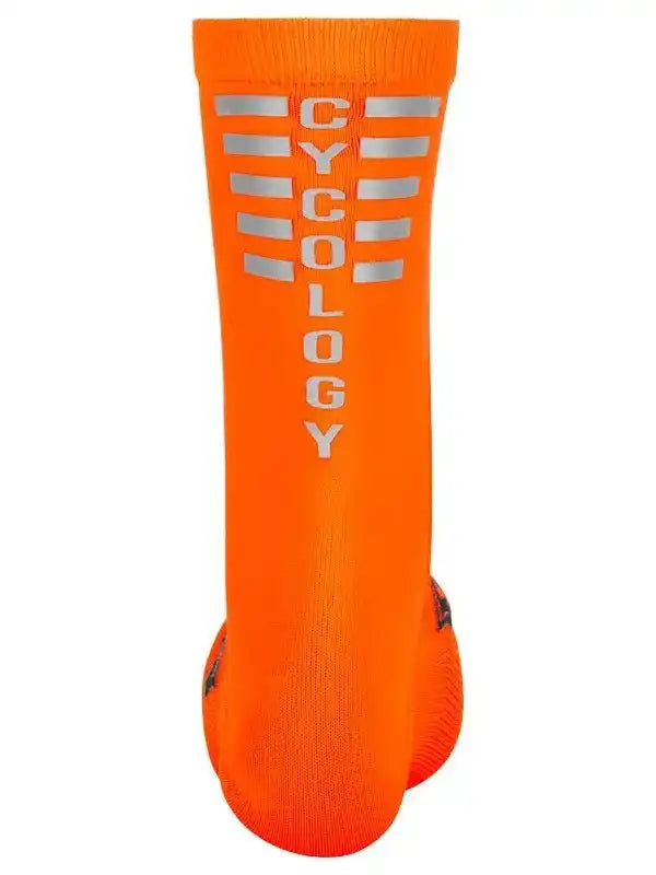 Bright orange cycling sock with reflective 'CYCOLOGY' text, designed for visibility and performance on rides.