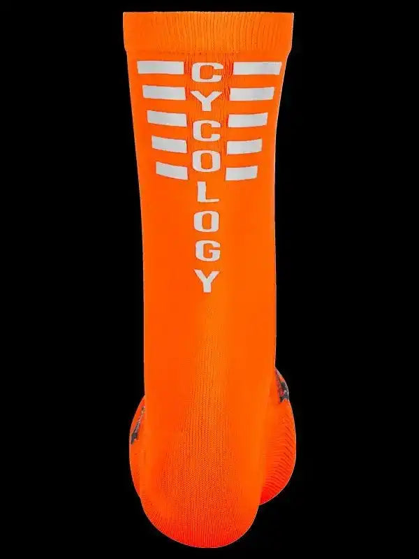 Bright orange cycling sock with white 'CYCOLOGY' text and stripe design, ideal for men's and women's bike rides.
