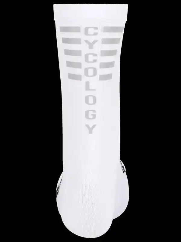 White cycling sock with 'CYCOLOGY' logo and gray stripes, designed for men's and women's bike rides.