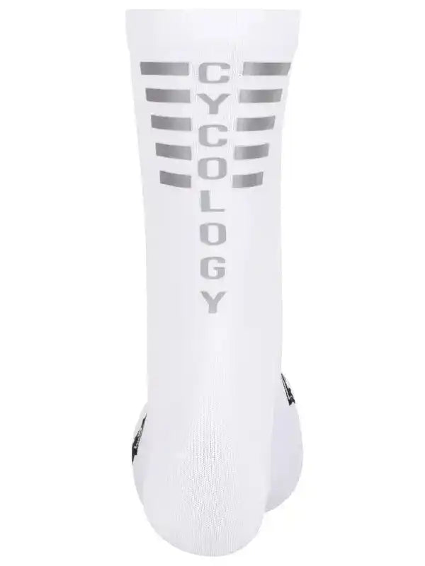 White cycling sock with silver Cycology logo and stripes, designed for comfort and performance.