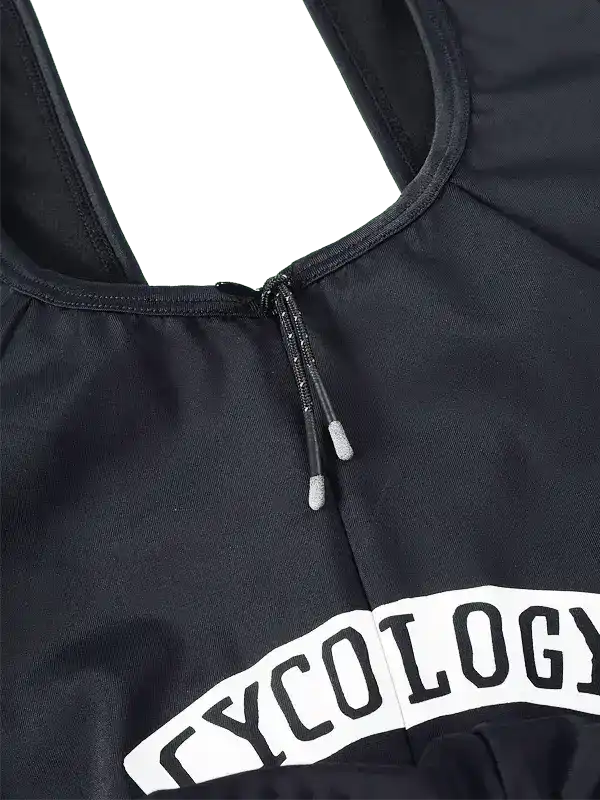 Black cycling jersey with white 'CYCOLOGY' logo and front zipper detail