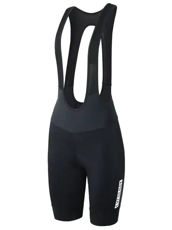 Black women's cycling bib shorts with ergonomic straps and performance fabric