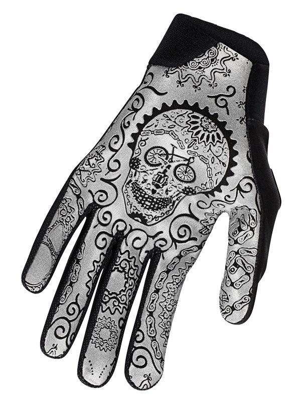 Men's cycling glove with sugar skull and bike gear design, black and silver, for road or mountain biking
