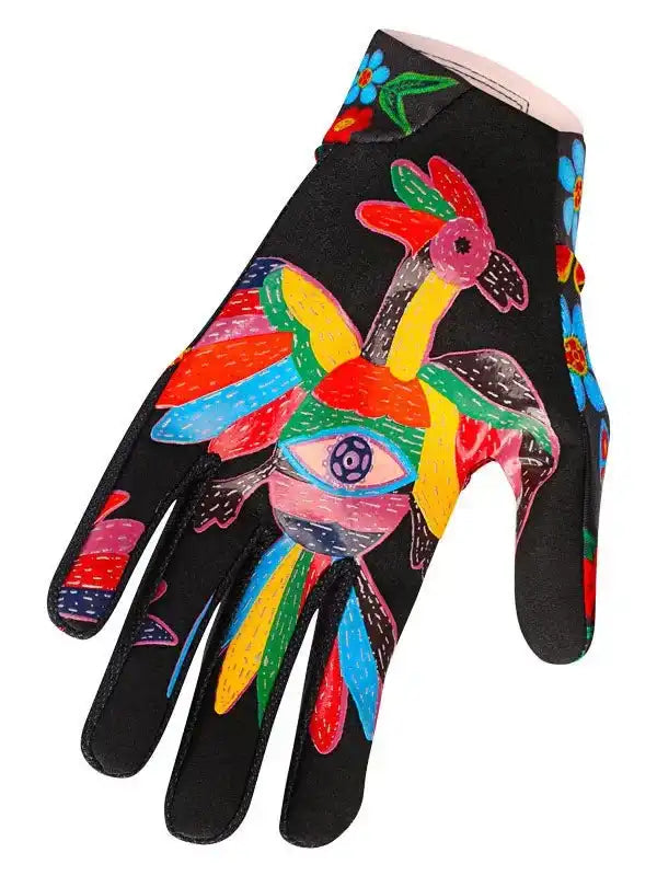 Colorful cycling glove with vibrant bird and eye design on black fabric for men and women