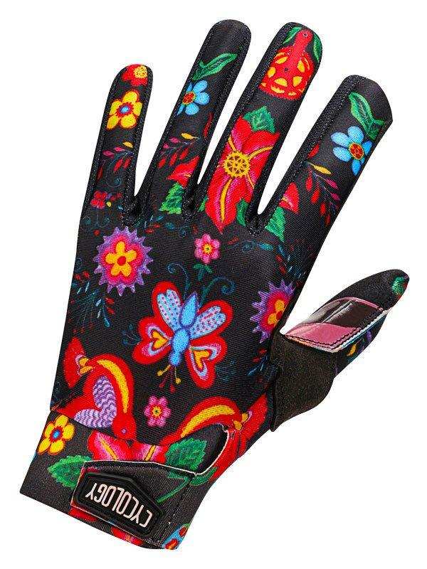 Colorful floral and butterfly print cycling glove with padded palm, ideal for men's and women's bike rides