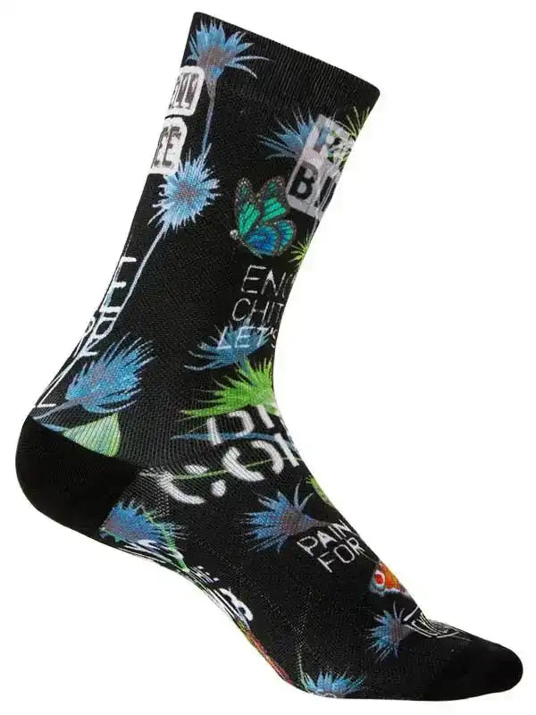 Black cycling sock with blue-green floral and butterfly print, ideal for men's and women's bike rides