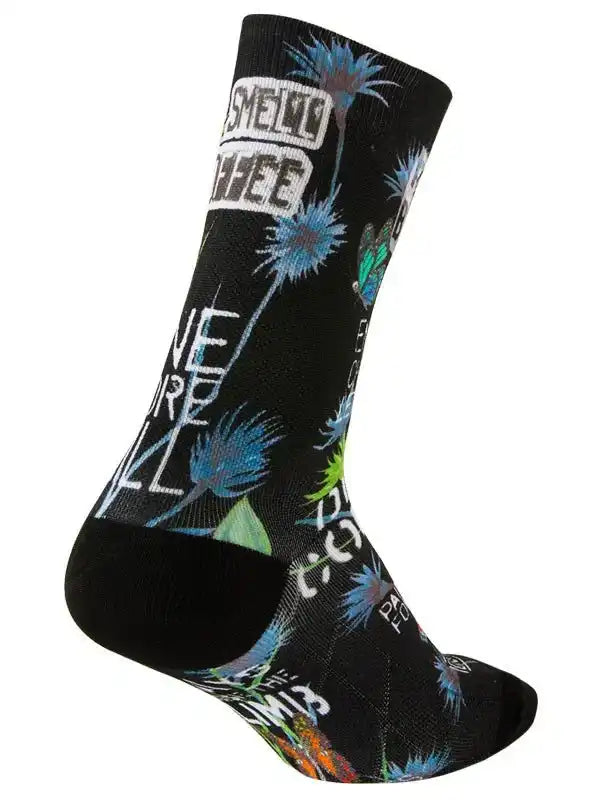 Black cycling sock with blue floral and graphic print, designed for men's and women's bike rides