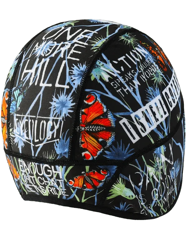 Black cycling cap with colorful butterflies and motivational text for road bike riders