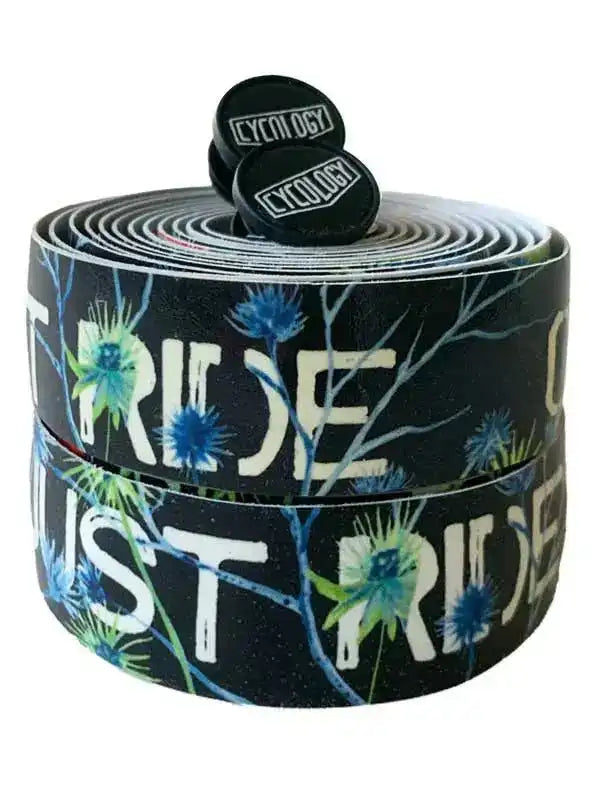 Cycling handlebar tape with 'Just Ride' text and blue floral design, featuring Cycology brand plugs