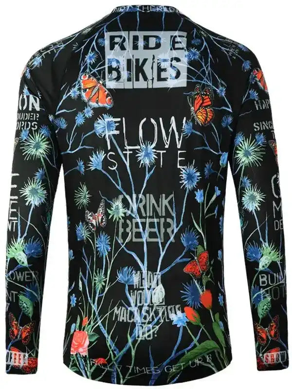 Men's cycling jersey with butterfly and floral print, 'Ride Bikes' text, long sleeve design