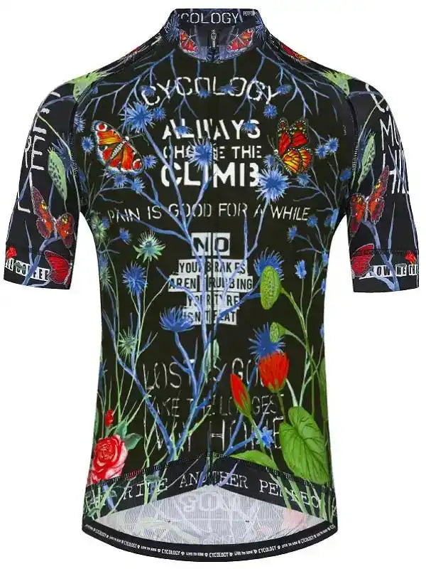 Men's cycling jersey with floral and butterfly print, motivational quotes, and breathable fabric design