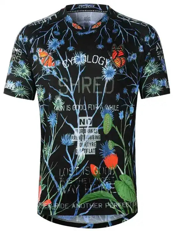 Men's cycling jersey with butterfly and floral print, performance fabric for bike rides