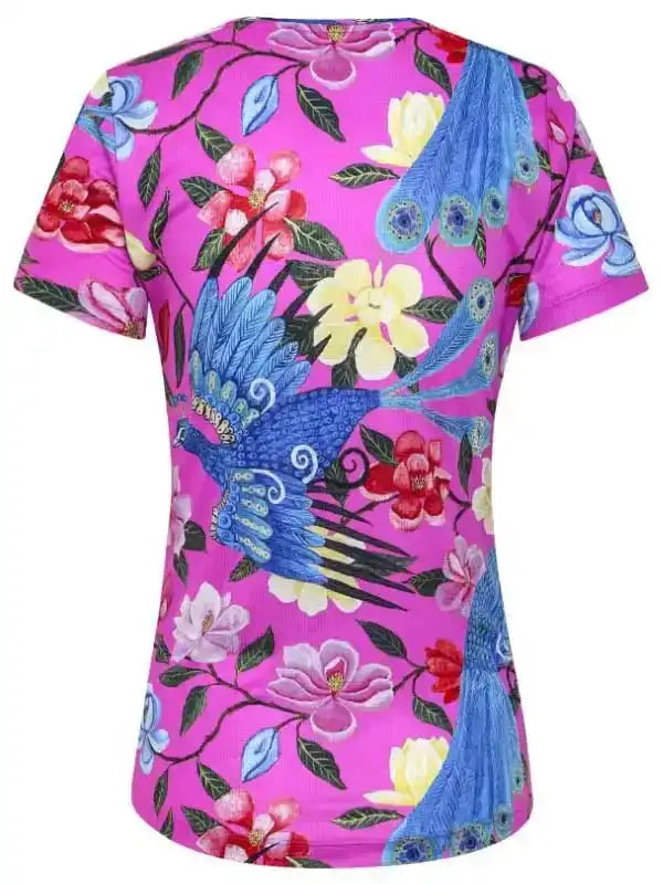 Vibrant pink cycling jersey with blue peacock and floral print, women's bike apparel
