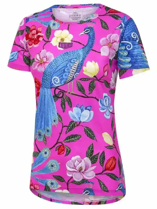 Vibrant pink women's cycling jersey with blue peacock and floral print, breathable fabric for active rides.