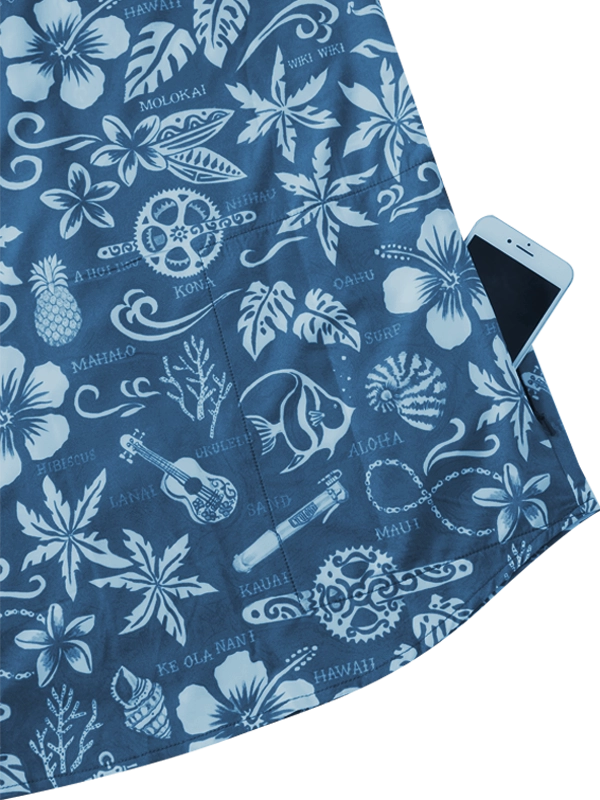 Blue fabric with white Hawaiian-themed patterns, including flowers and symbols, with a phone in zip pocket