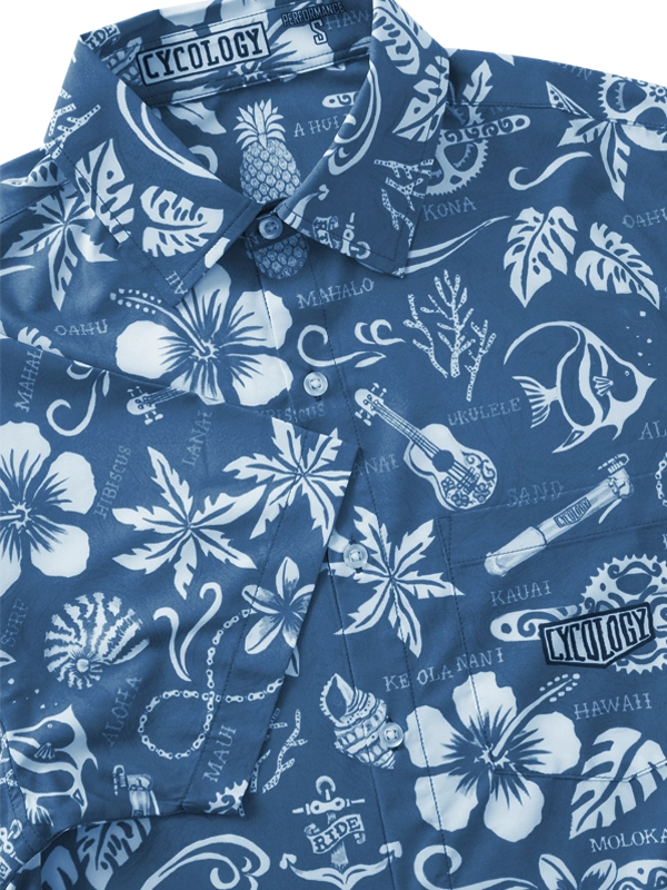 Blue Gravel Shirt with white  Hawaiian floral and nature pattern