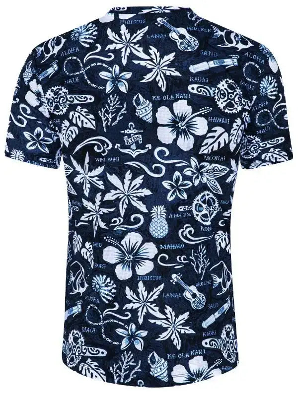 Men's navy Hawaiian shirt with white tropical print, hibiscus, ukulele, and aloha designs for casual wear