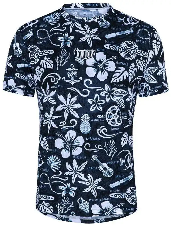 Men's tropical print cycling jersey with hibiscus, pineapple, and Hawaii-themed graphics on dark background