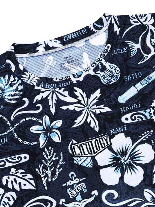 Men's cycling jersey with tropical hibiscus, guitar, and anchor print on dark fabric