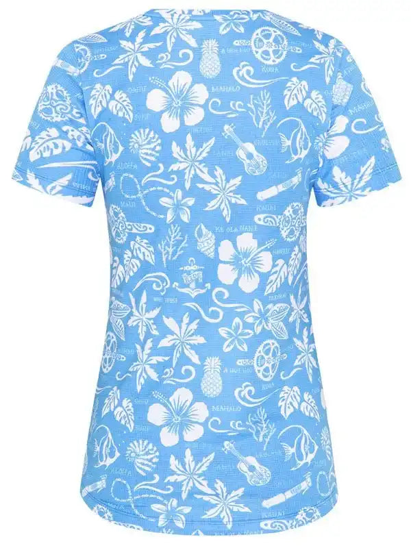 Women's blue tropical print cycling jersey with hibiscus, pineapple, and guitar designs
