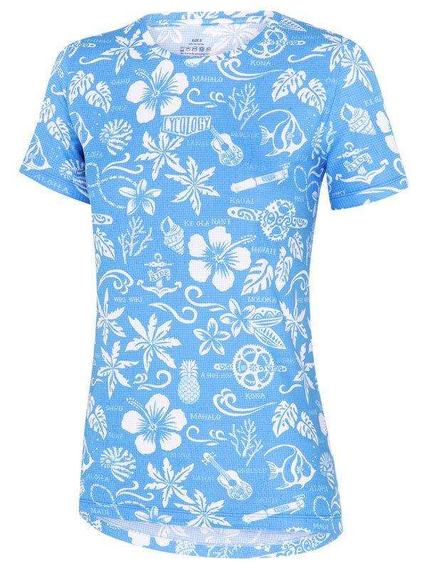 Blue women's cycling jersey with white tropical floral and guitar print, breathable fabric for active rides