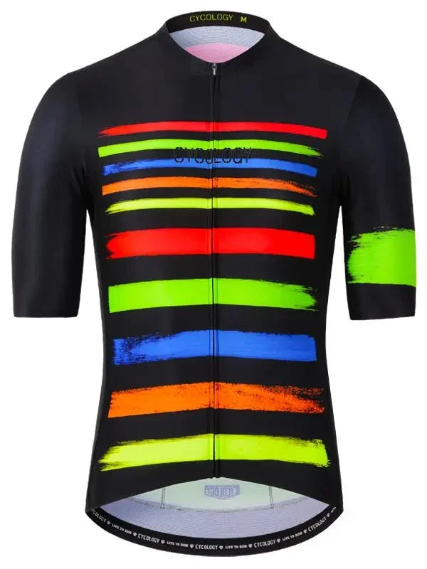 Men's cycling jersey with vibrant rainbow stripes on black, ideal for road biking and performance wear.