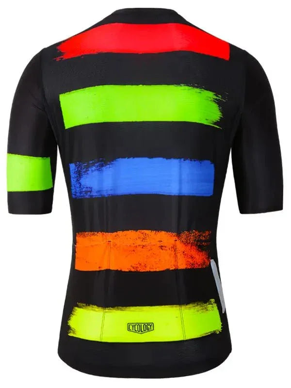 Men's cycling jersey with vibrant rainbow stripes and reflective details for safety and style.