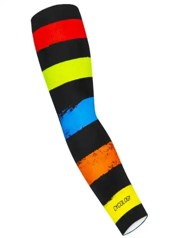 Colorful striped cycling arm sleeve with bold red, yellow, blue, and orange bands on black background