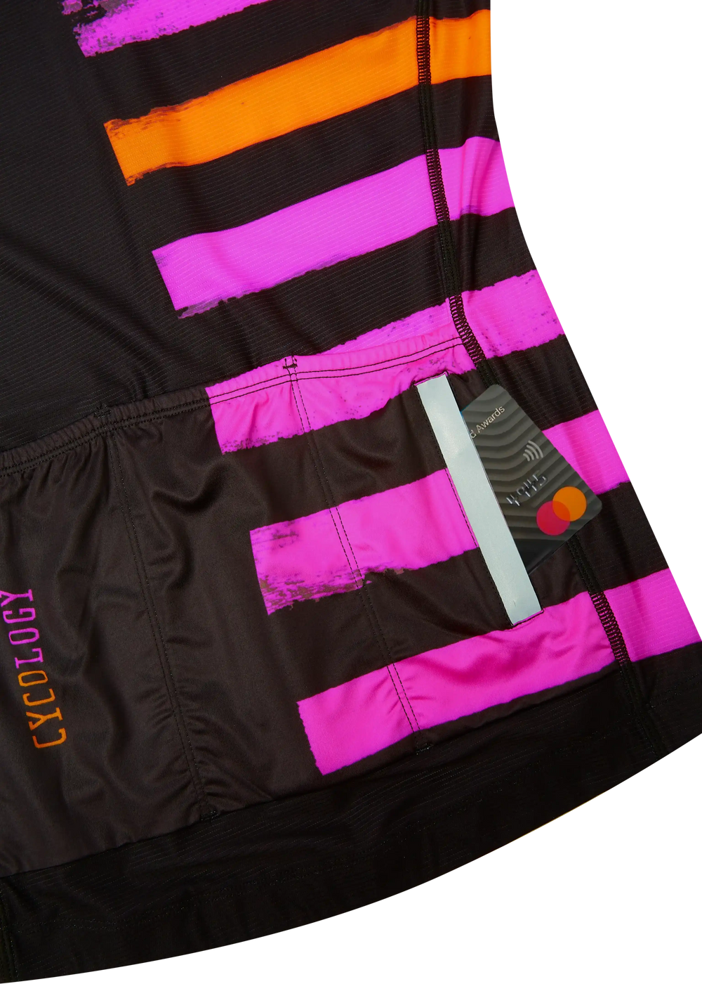Black cycling jersey with bold pink and orange stripes, rear pockets holding cards, ideal for road biking.