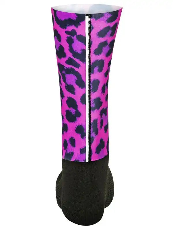 Pink and purple leopard print cycling leg warmer with black base