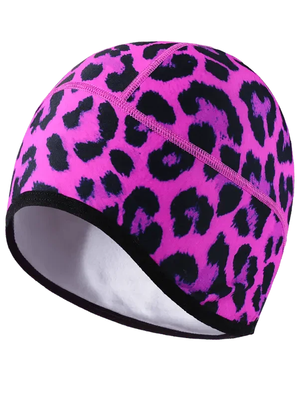 Pink leopard print cycling beanie with black trim, soft fleece lining for warmth and comfort