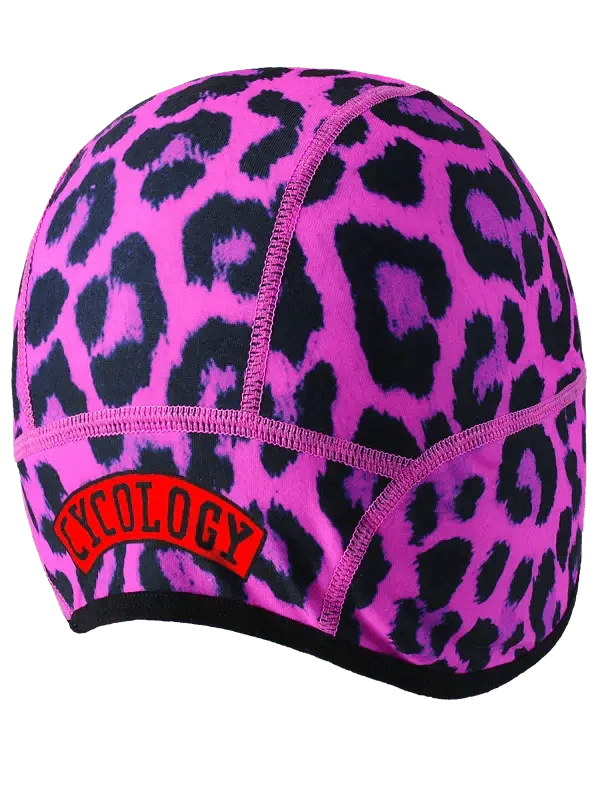 Pink leopard print cycling cap with red Cycology logo, breathable fabric for bike rides