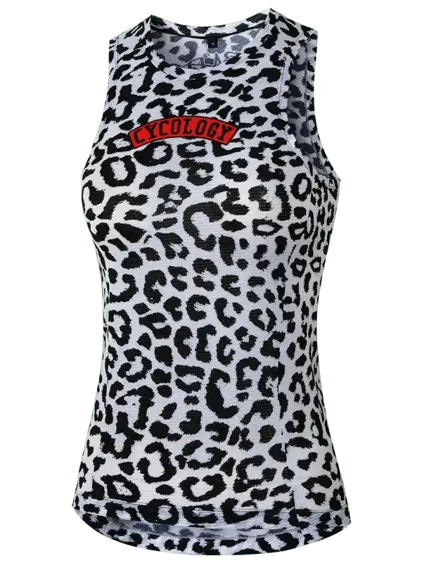 Women's leopard print cycling tank top with red logo, breathable fabric for active rides