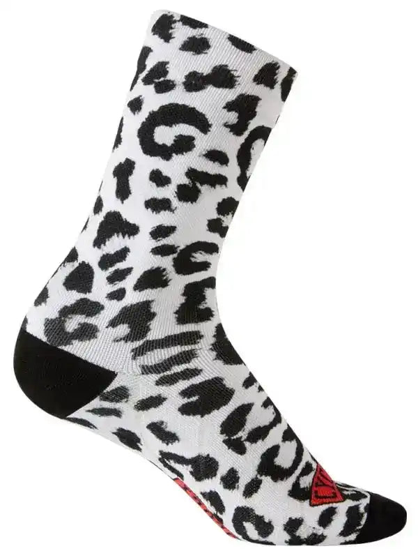 Women's cycling sock with black and white leopard print, red logo, and black toe heel